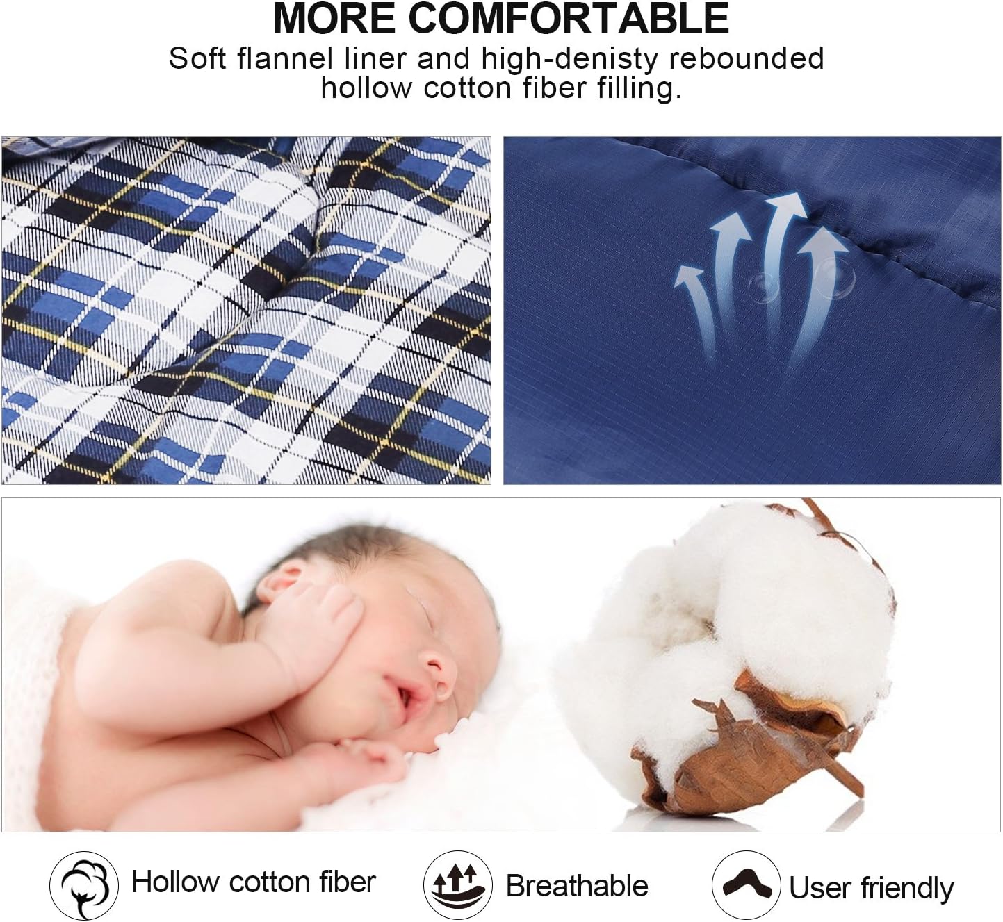 REDCAMP Cotton Flannel Sleeping Bag for Camping Backpacking, Adults Cold Weather Envelope Sleeping Bags with 2/3/4/6lbs Filling - Image 3